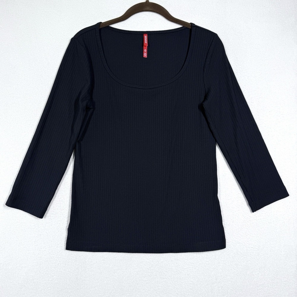 Spanx Top Womens Small Ribbed 3/4‎ Sleeve Tee in Black Scoop Neck Stretch